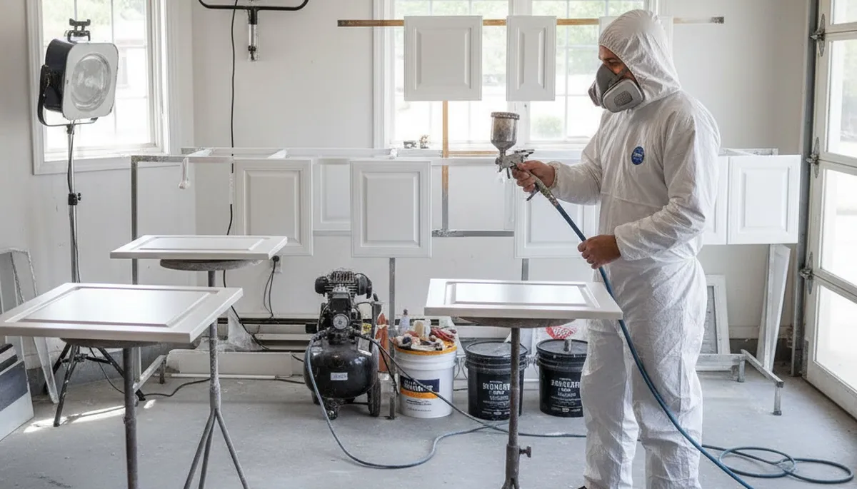 Painter applying smooth cabinet finish in Cherry Hill NJ kitchen with professional spray technique