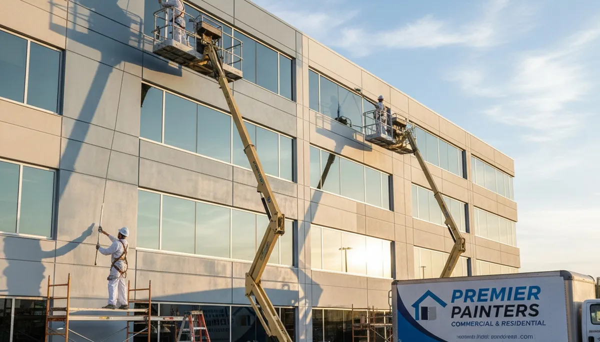 Professional commercial painters working on office building exterior in Cherry Hill, NJ