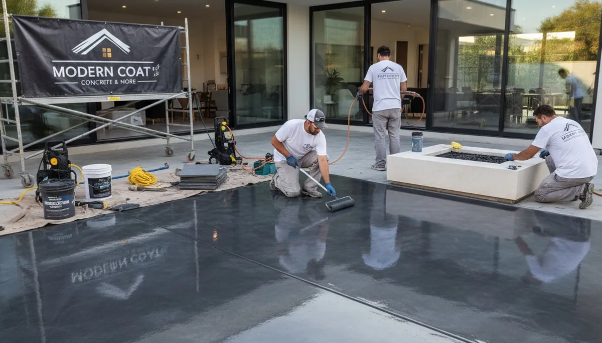Professional concrete staining on residential patio in Cherry Hill, NJ by local painting experts