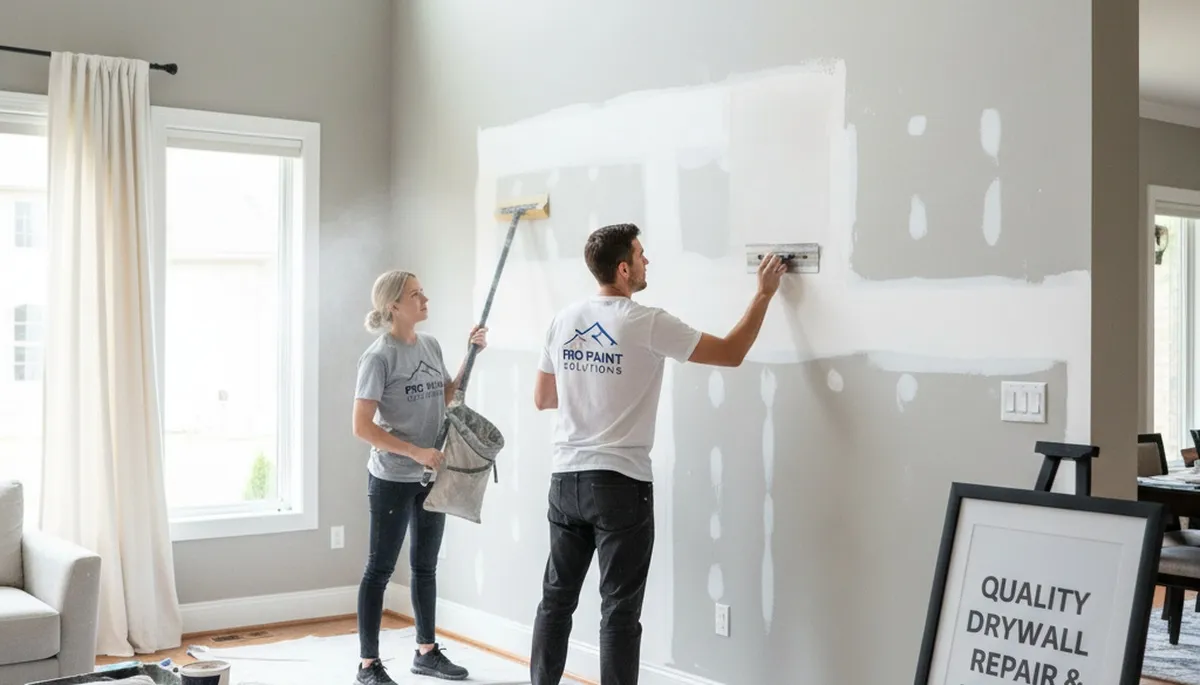 Drywall repair specialists fixing wall cracks and holes in a Cherry Hill, NJ home interior