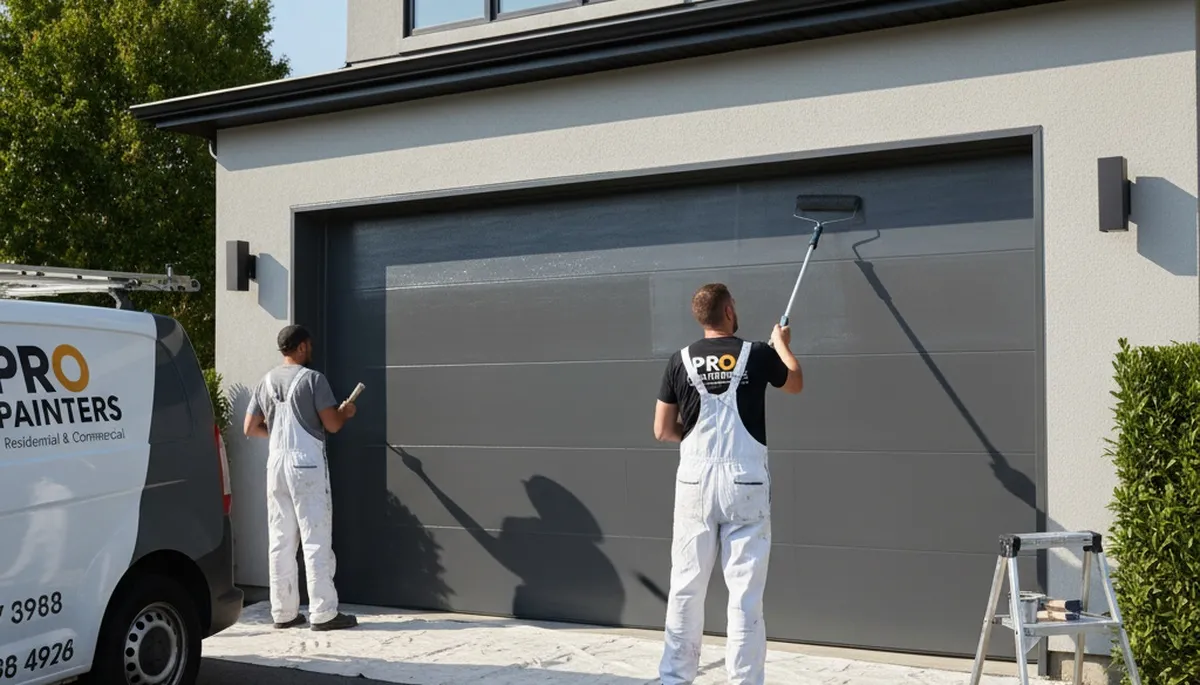 Professional painters refinishing a garage door in Cherry Hill, NJ for durable, weather-resistant curb appeal
