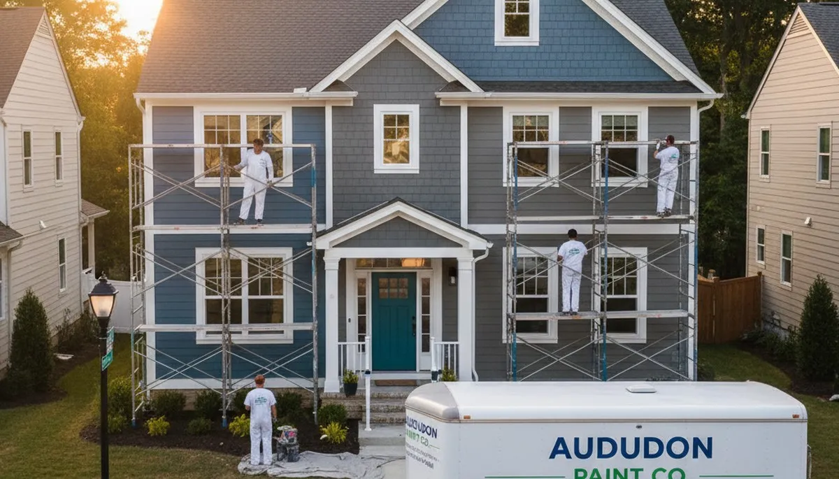 Professional house painters working on Cherry Hill NJ home exterior repaint project