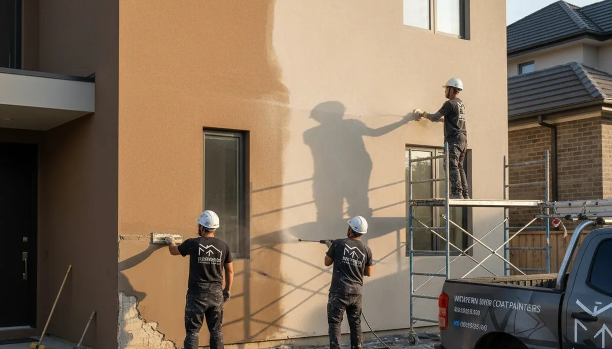 Professional stucco repair on Cherry Hill, NJ home exterior by expert local painters